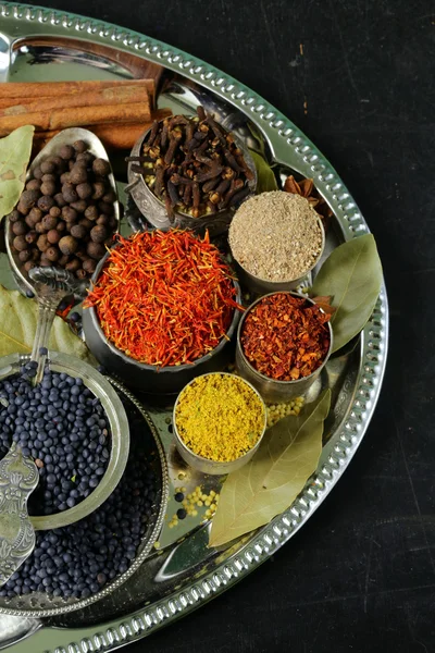 Collection of various spices (paprika, turmeric, pepper, aniseed, cinnamon, saffron) — Stock Photo, Image