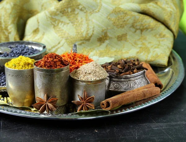 Collection of various spices (paprika, turmeric, pepper, aniseed, cinnamon, saffron) — Stock Photo, Image