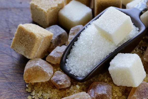 Different types of sugar - brown, white and refined sugar — Stock Photo, Image