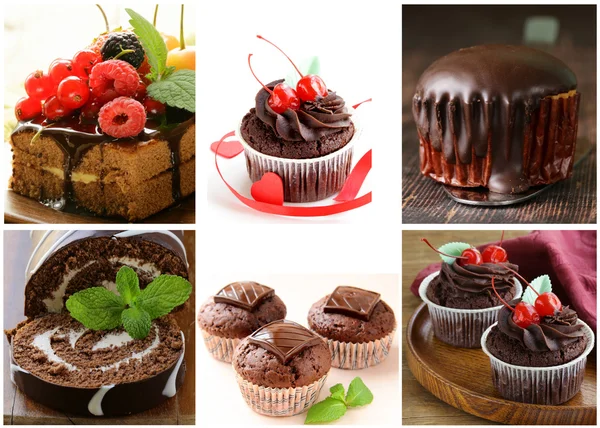 Nastavit čokoládové pečivo - dort, bábovku, košíček a roll — Stock fotografie
