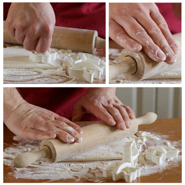 Definir mão homem chef cozinhar a massa em uma mesa de madeira — Fotografia de Stock