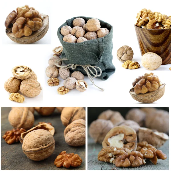 Définir les noix entières et hachées sur fond bois et blanc — Photo