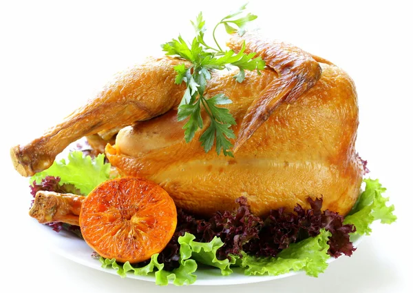Sült csirke, narancs és a gyógynövények, ünnepi vacsora — Stock Fotó