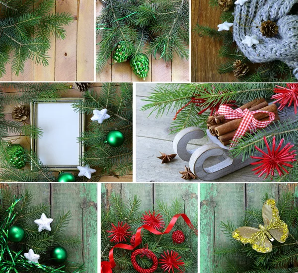 Set Christmas wooden backgrounds with fir tree and decorations — Stock Photo, Image