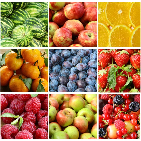 Collage different fruits closeup and berries — Stock Photo, Image