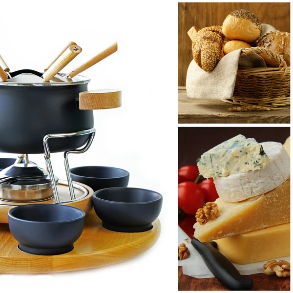 Ensemble d'ustensiles de cuisine pour fondue, fromage différent et panier de pain — Photo