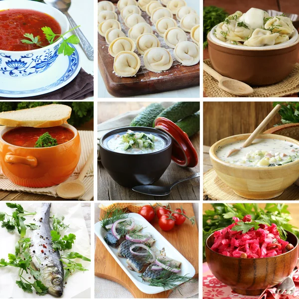 Collage menu of Russian and Ukrainian food (dumplings, borsch, okroshka, herring) — Stock Image Collage menu of Russian and Ukrainian food (dumplings, borsch, okroshka, herring) Stock Picture
