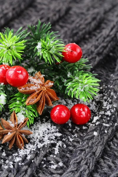Kerstmis warme gebreide achtergrond met fir tree en specerijen anijs, kaneel — Stockfoto