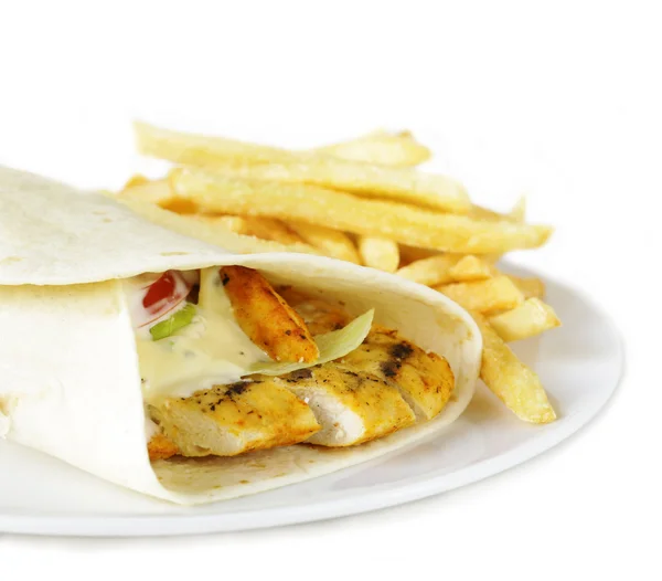 Chicken burrito with sauce and French fries — Stock Photo, Image