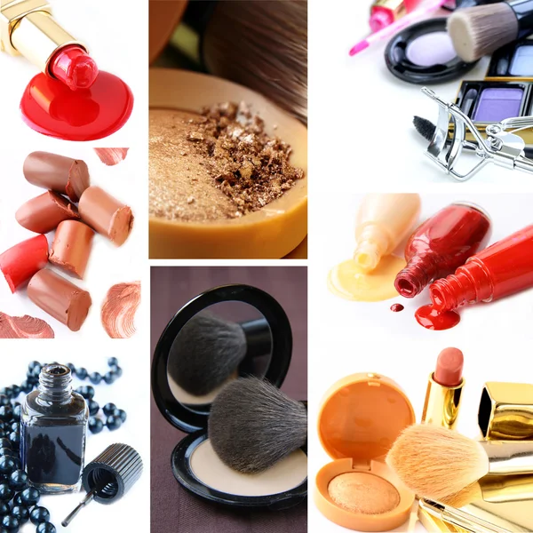 Kolaż kolekcja kosmetyki i makijaż szczotki — Zdjęcie stockowe