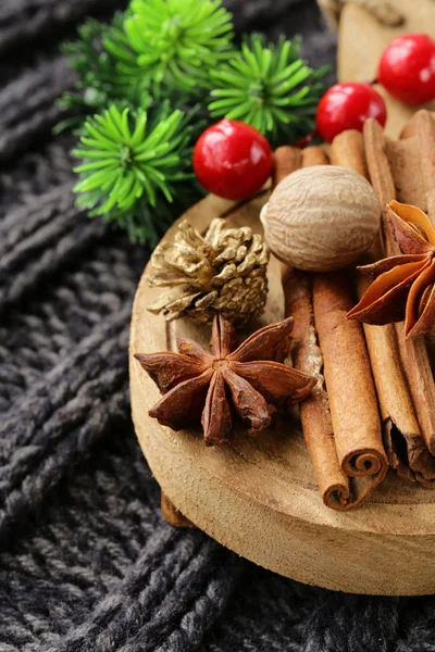Spices anise, cinnamon, nutmeg on warm knitted background — Stock Photo, Image
