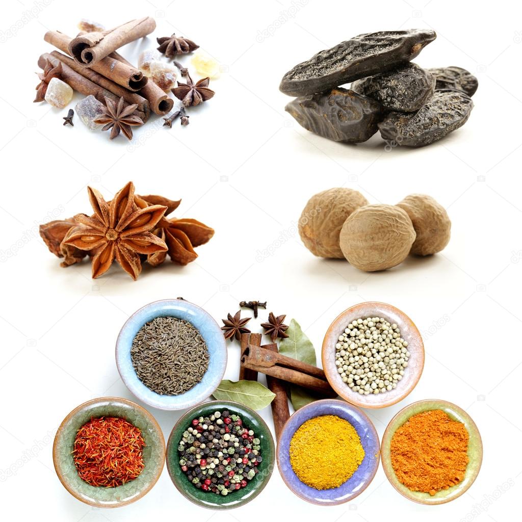 Collage of various spices (cinnamon, anise, nutmeg)