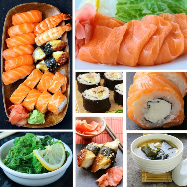 Collage menu of Japanese cuisine - miso soup, sushi, sashimi, rolls, salad Chuka