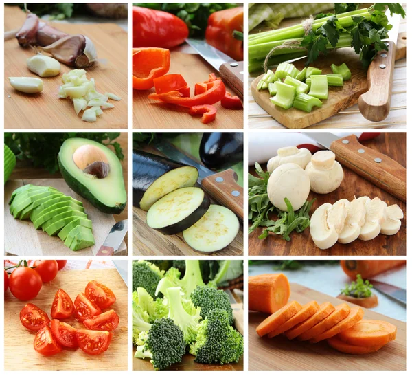 Collage de diferentes verduras picadas (berenjena, col, tomates, apio, champiñones, aguacate ) —  Fotos de Stock