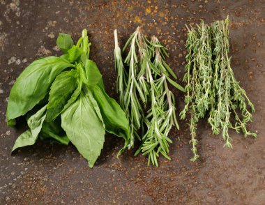 Demir arka plan üzerinde çeşitli aromatik otlar (fesleğen, kekik, biberiye)
