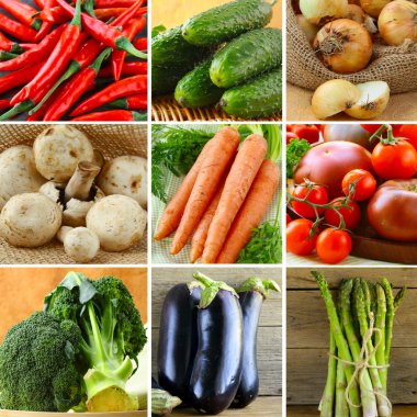Collage of different vegetables (eggplant, onions, carrots, tomatoes, peppers, asparagus) clipart