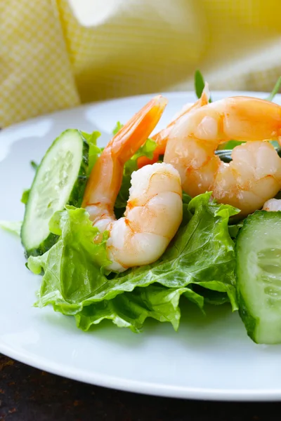 Green salad with fresh cucumbers and shrimps — Stock Photo, Image