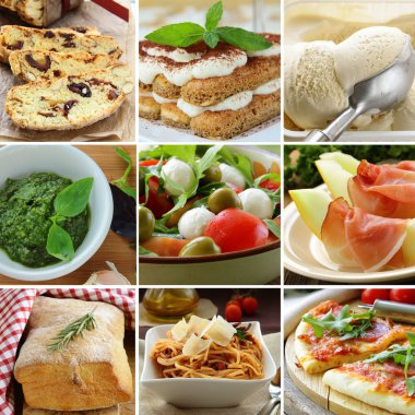 Kolaj menü İtalyan gıda piramit (tatlılar, salatalar, pizza ve makarna)
