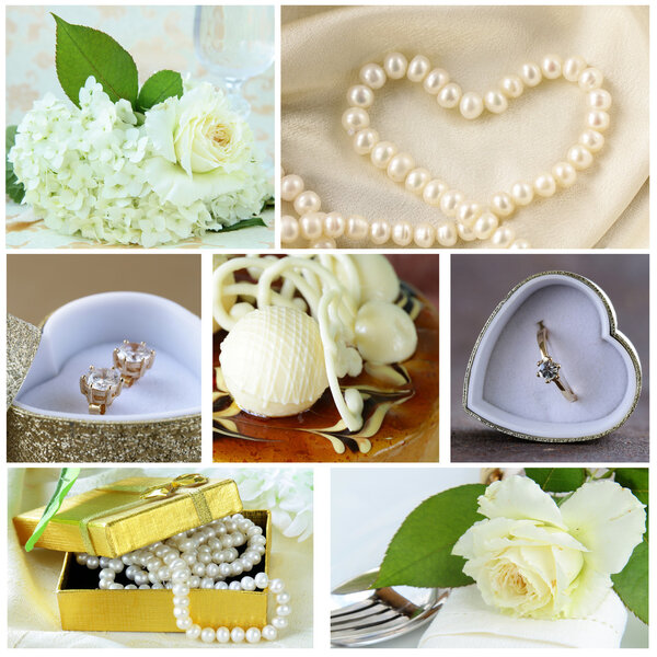 Collage of wedding accessories (ring, cake, bouquet of flowers, earrings, pearl)