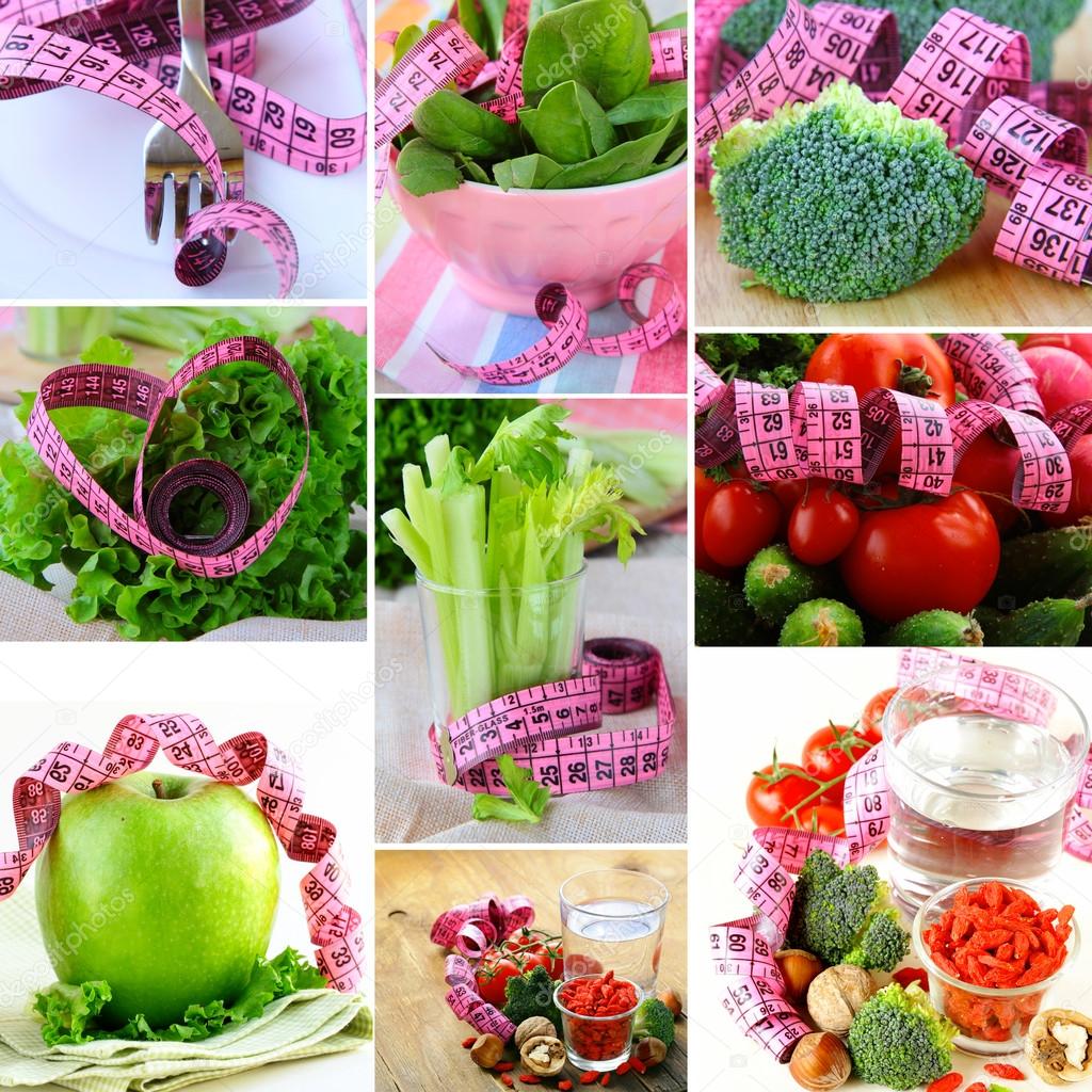 Collage concept diet vegetables and fruits with measuring tape
