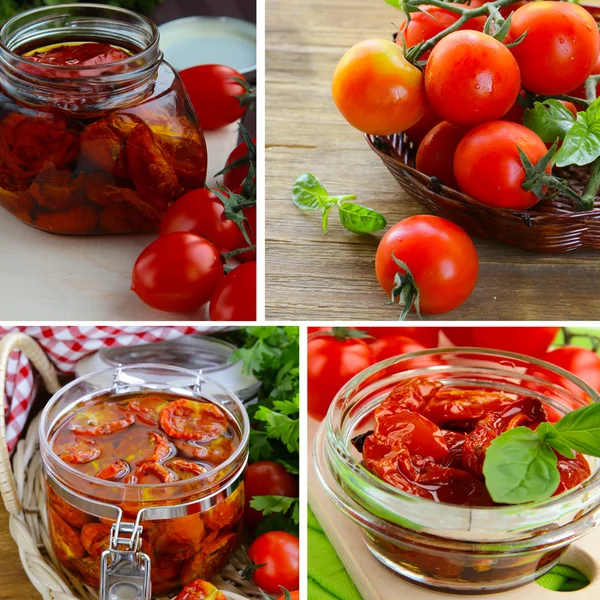 Collage of sun-dried tomatoes in a bank and fresh vegetables — Stock Photo, Image