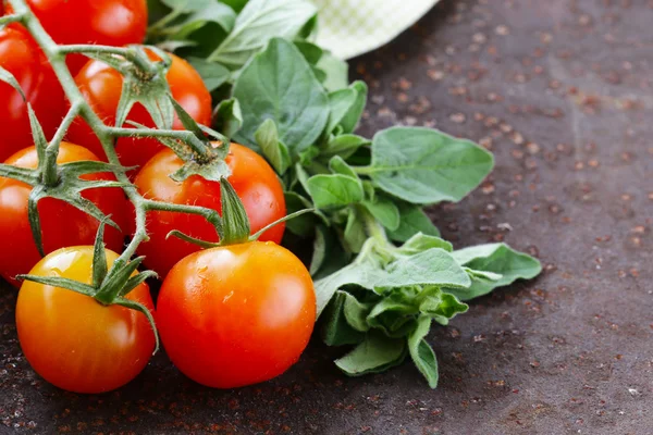 Fresh ripe organic tomatoes on iron table — Stock Photo, Image