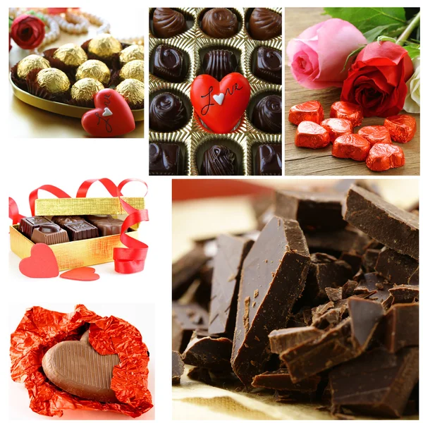 Koláž pro svátek Valentýn dárek různé čokoládové bonbóny — Stock fotografie