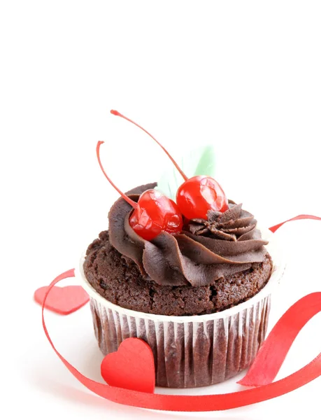 Festive (birthday, valentines day) chocolate cupcake decorated with ganache and cherries — Stock Photo, Image