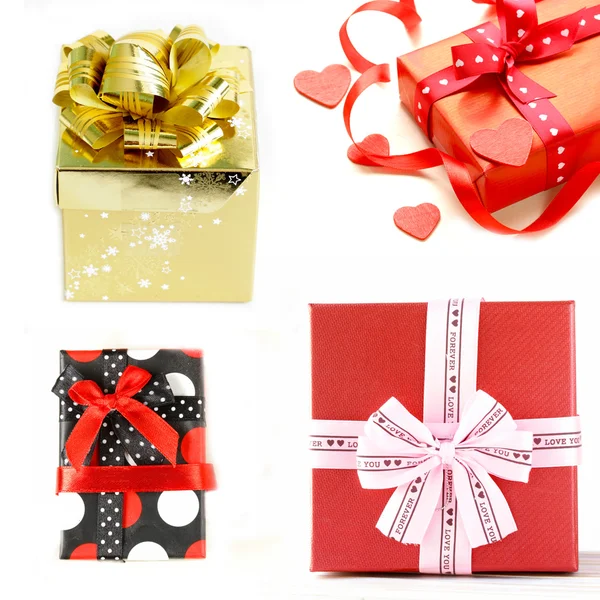 Collage de diferentes cajas de regalo de colores sobre un fondo blanco —  Fotos de Stock