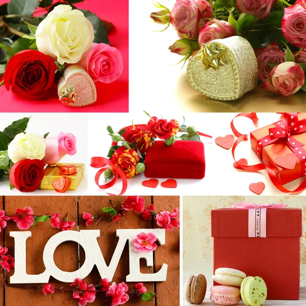 Colagem do dia de São Valentim - flores, corações, presentes — Fotografia de Stock