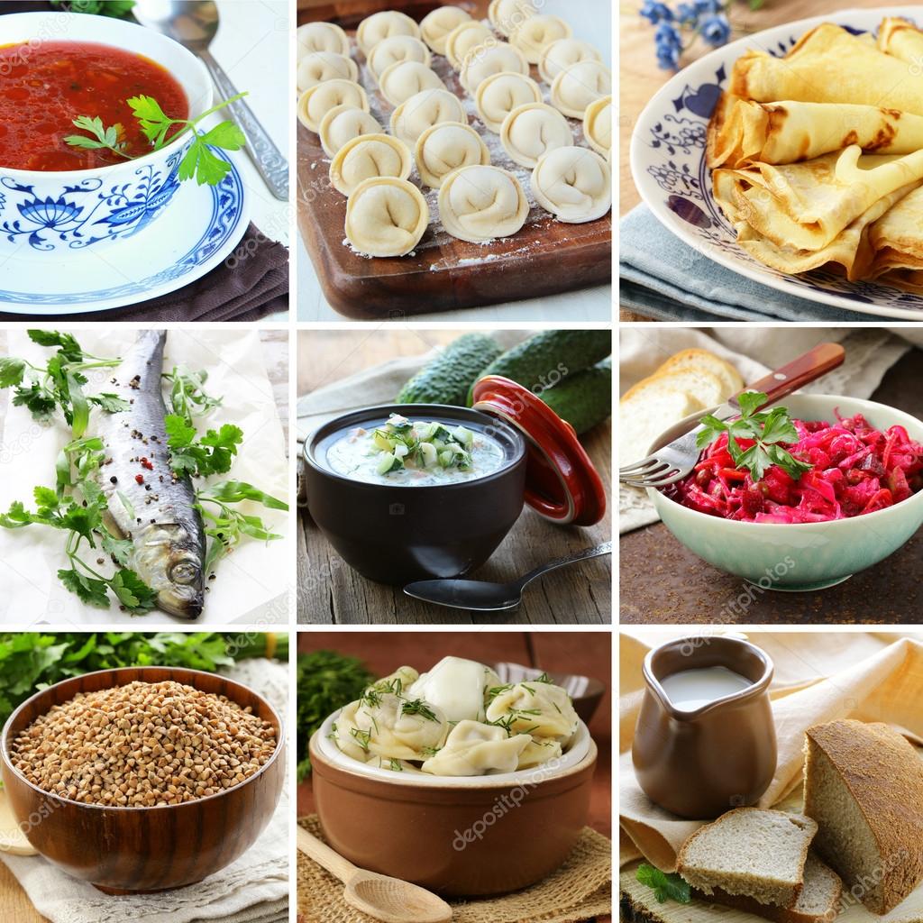 Collage menu of Russian and Ukrainian food (dumplings, borsch, buckwheat, okroshka, herring)