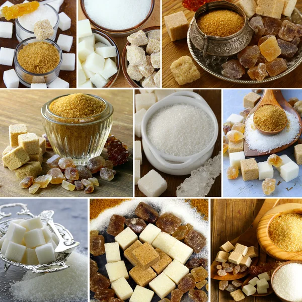 Collage sortiment av socker (raffinerat socker, vit, brun) — Stockfoto