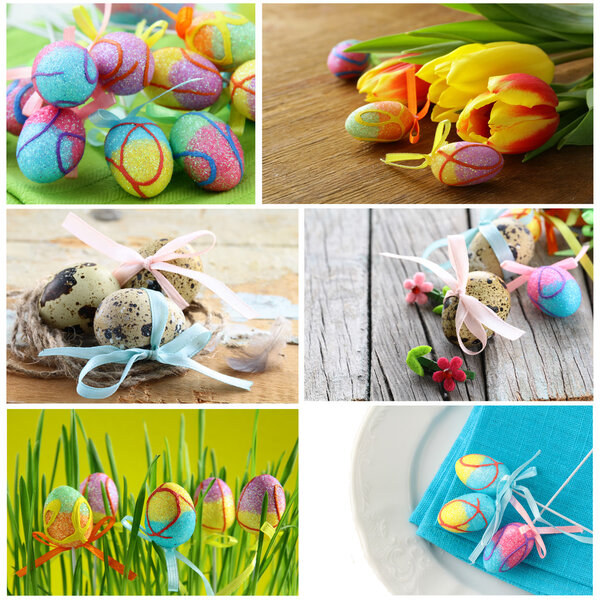 Collage Easter symbols - colored eggs, flowers and decorations