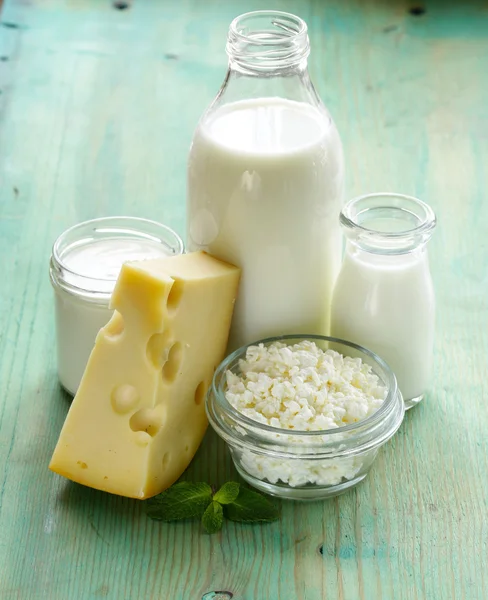 Sortiment an Milchprodukten (Milch, Käse, saure Sahne, Joghurt)) — Stockfoto