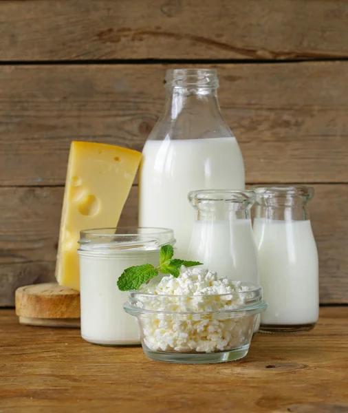 Sortimento de produtos lácteos (leite, queijo, nata azeda, iogurte ) — Fotografia de Stock