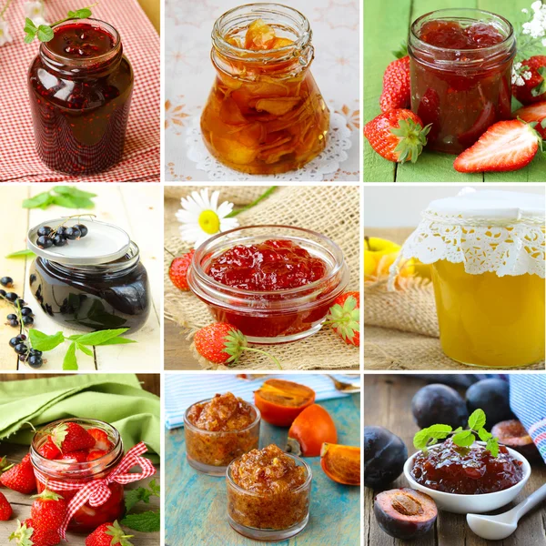 Collage de diferentes tipos de mermelada (fresa, grosellas, frambuesas, caquis, ciruela ) — Foto de Stock