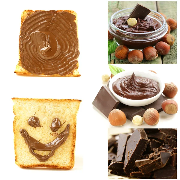 Koláž čokoláda lískových šíří na toast k snídani — Stock fotografie