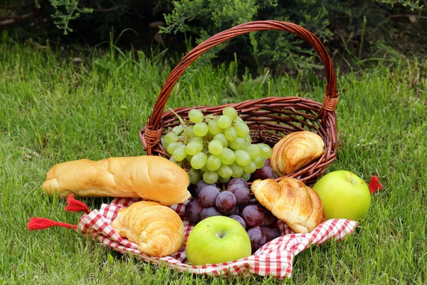 Piquenique na grama verde com uvas, maçãs e croissants — Fotografia de Stock