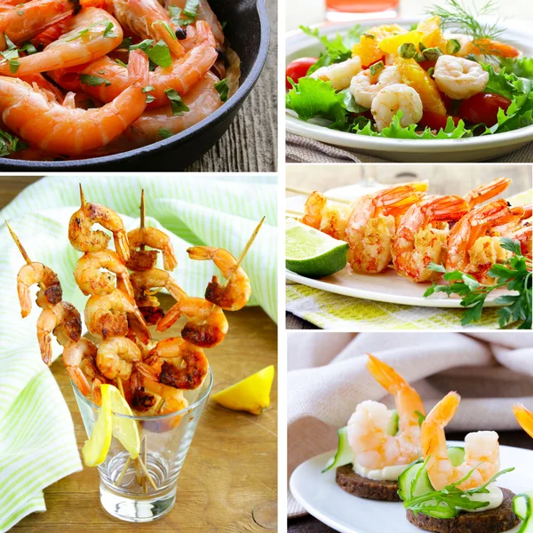Colagem de vários camarões de comida (salada, canapés, espetos ) — Fotografia de Stock