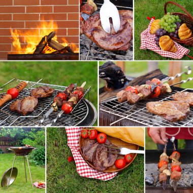 Yeşil çim ve sığır eti biftek kolaj piknik açık havada bir barbekü ızgara