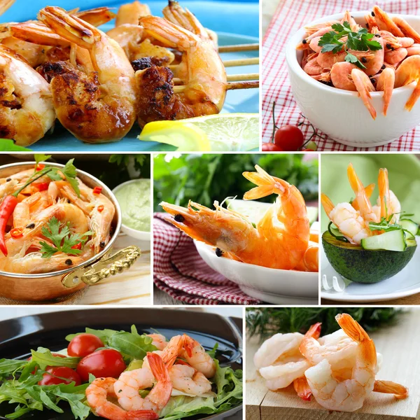Collage of various food shrimp (salad, canapes, skewers) — Stock Photo, Image