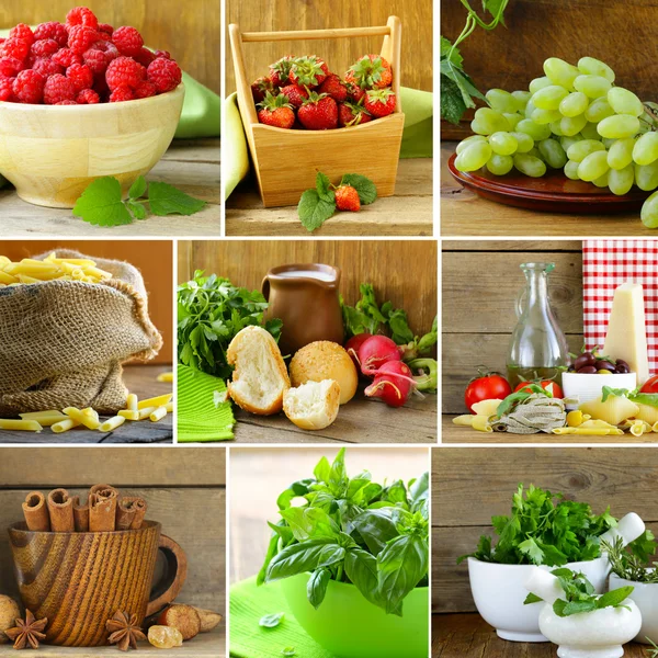 Beeren, Gewürze, Kräuter und ein Lebensmittelgeschäft (Nudeln, Brot, Käse) auf einem hölzernen Hintergrund — Stockfoto