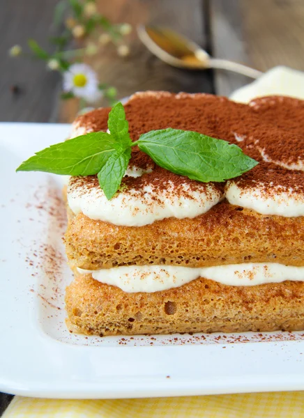 Tradizionale tiramisù dolce italiano con cacao e foglia di menta — Foto Stock