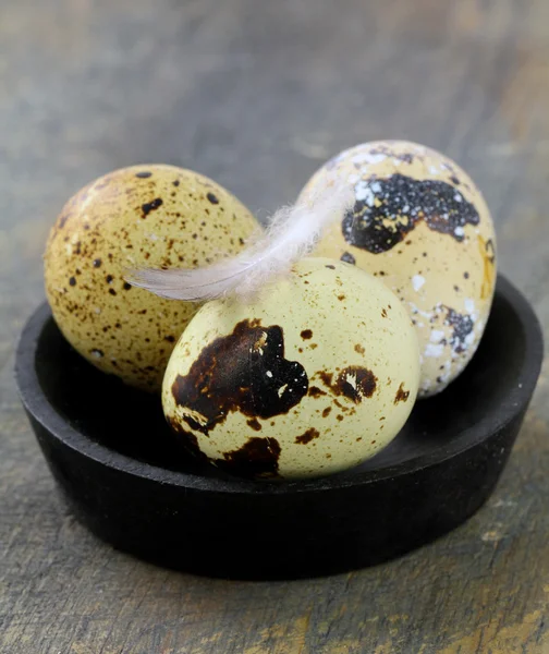 Quail eggs in a bowl on a wooden table — Stock Photo, Image