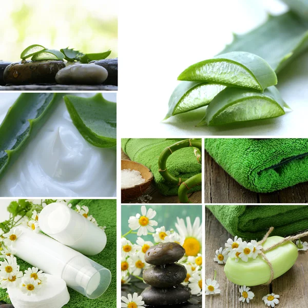 Collage del concepto de spa - toalla, aloe vera, crema cosmética loción, piedras —  Fotos de Stock