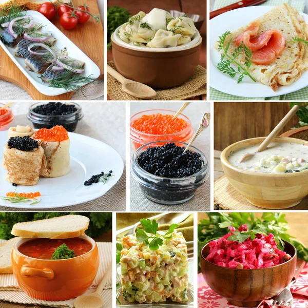 Menu kolase makanan Rusia dan Ukraina (pangsit, borsch, okroshka, haring ) — Stok Foto