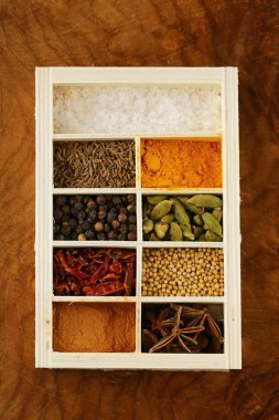 Bir ahşap kutu içinde farklı baharatlar (biber, tuz, zerdeçal, defne yaprağı, biber, otlar) kümesi