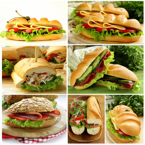 Колаж з різних бутербродів (хам і сир, тунець і огірок ) — стокове фото