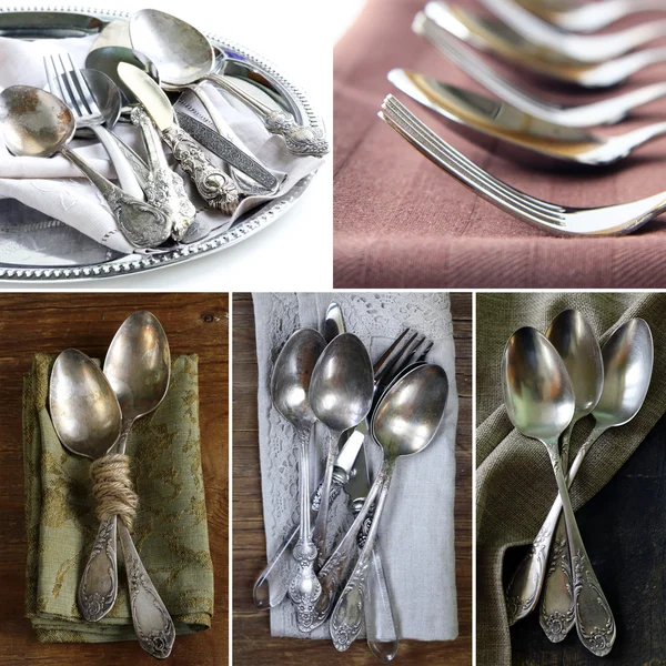 Collage vintage silver cutlery (spoon and fork) with napkin — Stock Photo, Image