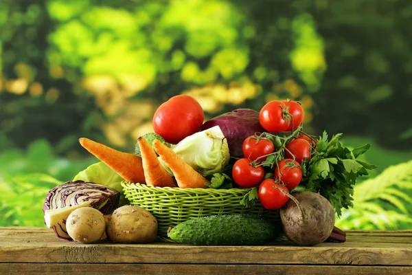 Légumes divers (carottes, pommes de terre, chou, tomates) dans le panier — Photo